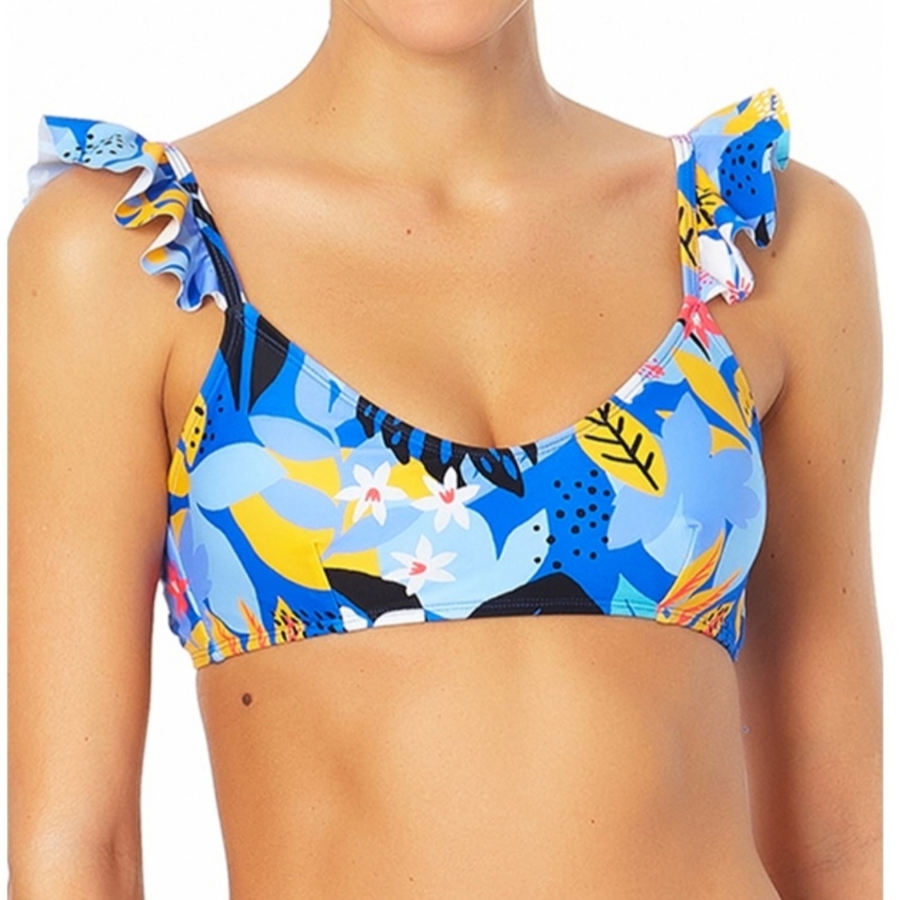 Blue Floral Ruffle Bikini Top